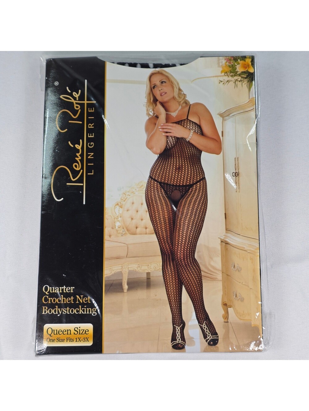 New Rene Rofe Quarter Crochet Net Bodystocking Black Queen Size 1X-3X 7004X-BLK